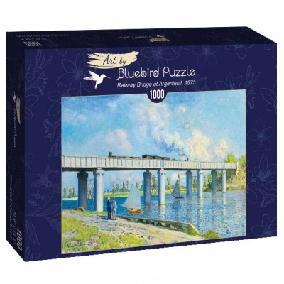 Caixa azul escura de puzzle Bluebird com imagem de ponte ferroviária e paisagem aquática