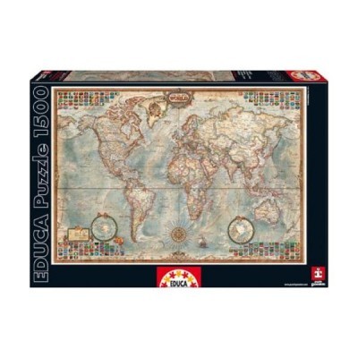 Caixa preta com quebra-cabeças de mapa-múndi em estilo antigo com 1500 peças