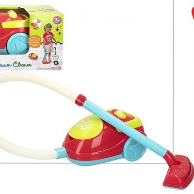 Aspirador de brinquedo vermelho, amarelo e azul com tubo flexível branco, embalagem e texto do produto