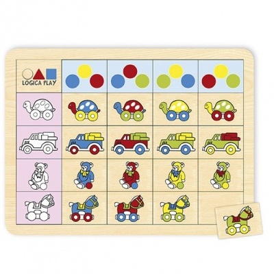 Tabuleiro infantil de madeira com peças de padrões coloridos e desenhos de animais e veículos