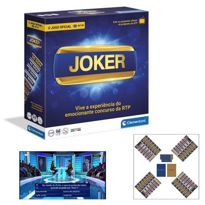 Embalagem do jogo JOKER da RTP com imagens do jogo em set de televisão e tabuleiros