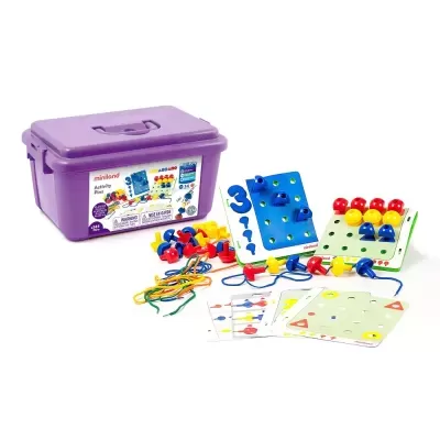 Conjunto de atividade Miniland com pinos coloridos e tabuleiros em caixa plástica roxa