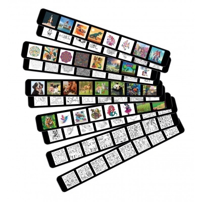 Tiras de imagens coloridas e a preto e branco organizadas em leque