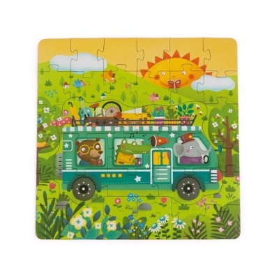 Puzzle com autocarro verde e animais em ambiente campestre
