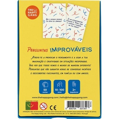 Caixa de jogo de cartas Perguntas Improváveis amarela e azul com texto em português