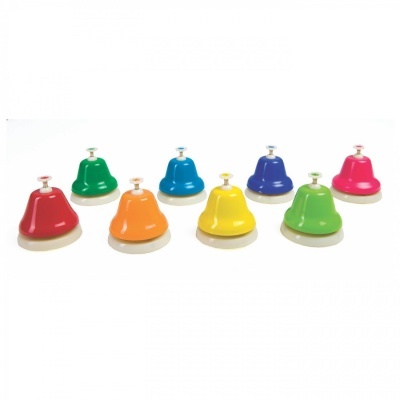 Conjunto de 8 sinos coloridos em metal com base branca