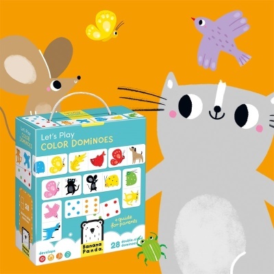 Caixa de dominós coloridos Banana Panda com animais desenhados em fundo laranja