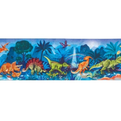 Quebra-cabeças ilustrado com dinossauros coloridos num cenário azul