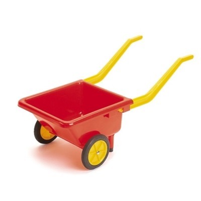 Carrinho de mão vermelho com pegas amarelas e rodas pretas e amarelas
