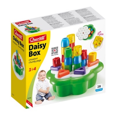 Caixa de brinquedo Daisy Box com pinos coloridos empilhados em base verde em forma de flor