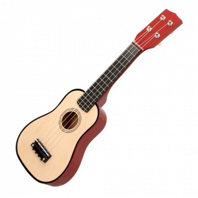 Ukulele com corpo claro e cabeça vermelha