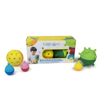 Conjunto de brinquedos infantis coloridos lalaboom com bola amarela, objeto verde e peças em azul, rosa e amarelo