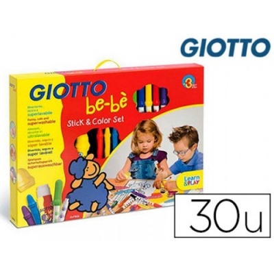Conjunto Giotto be-bè Stick & Color com 30 unidades em caixa colorida com crianças a desenhar