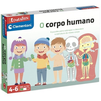 Caixa de puzzle educativo sobre o corpo humano com ilustrações de crianças e partes do corpo