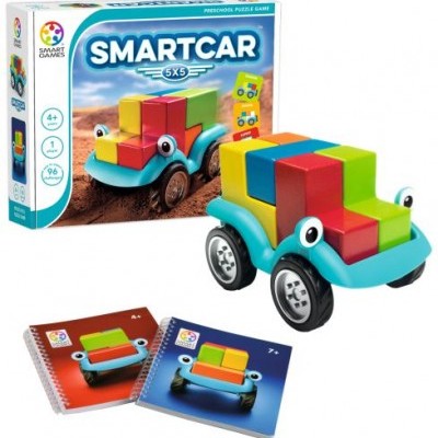 Jogo de puzzle SMARTCAR 5x5 com carro azul e blocos coloridos, manuais e caixa