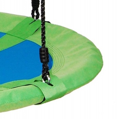 Baloiço redondo azul e verde com cordas pretas