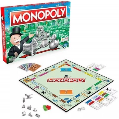 Jogo de tabuleiro Monopoly com peças, cartas e tabuleiro colorido