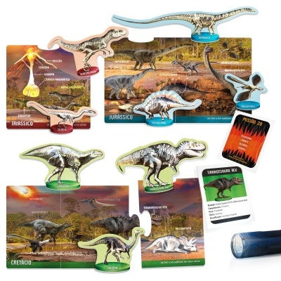 Figuras acrílicas de dinossauros com cartões e rolo de tecido