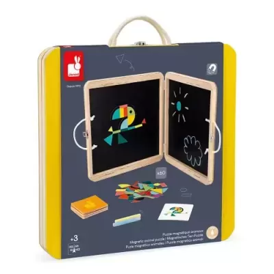 Conjunto educativo Janod Puzzle Magnético Animais com 60 peças coloridas e moldura de madeira