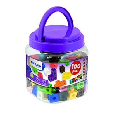 Frasco com blocos de construção coloridos e tampa roxa
