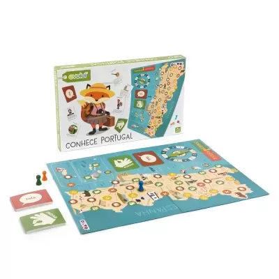 Jogo de tabuleiro Conhece Portugal com mapa e cartas coloridas
