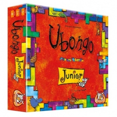 Caixa do jogo de tabuleiro Ubongo Junior com fundo laranja e desenhos de animais