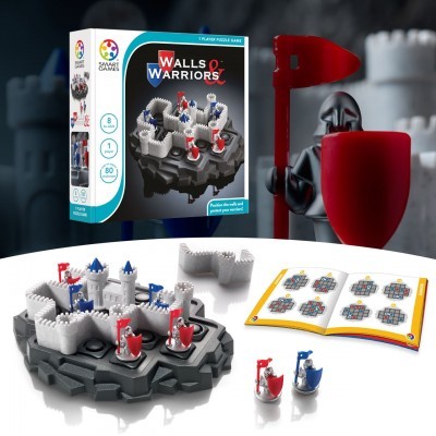 Jogo Walls & Warriors com peças de castelo e guerreiros em fundo desfocado.