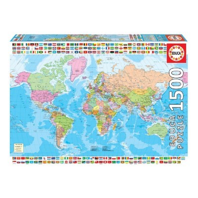 Puzzle 1500 peças mapa-múndi colorido com países e bandeiras