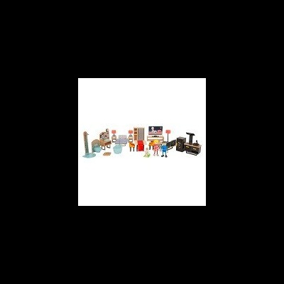 Conjunto de brinquedos domésticos em diversas cores dispostos em fundo branco