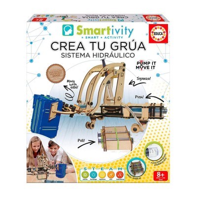 Caixa de kit educativo Smartivity CREA TU GRÚA sistema hidráulico em madeira clara para crianças 8+