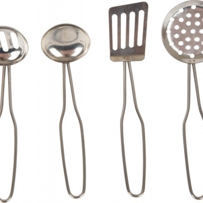 Conjunto de quatro utensílios de cozinha em metal prateado com cabos de fio fino
