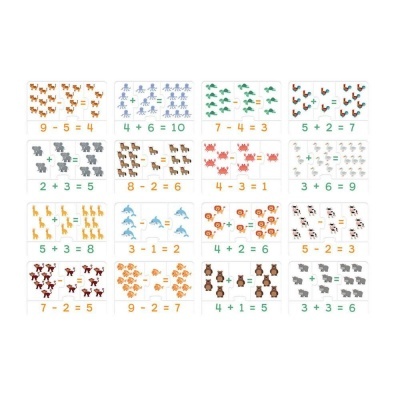 Cartas educativas com animais coloridos e operações matemáticas para crianças.