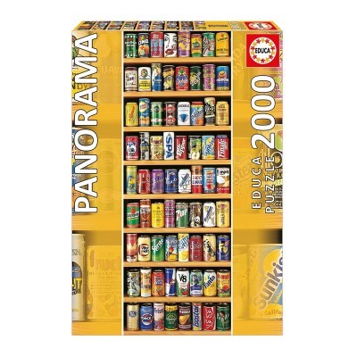 Caixa de puzzle EDUCA 2000 peças com imagem de várias latas de refrigerantes sobre prateleiras