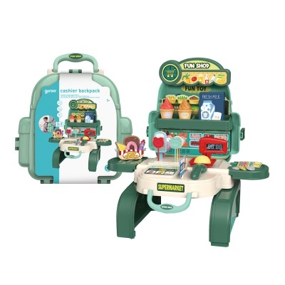 Mochila caixa registradora infantil verde e bege com acessórios de supermercado