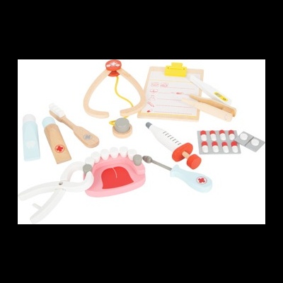 Conjunto de brinquedo médico com vários acessórios em tons pastel