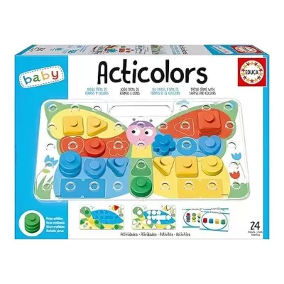 Jogo infantil Acticolors com peças coloridas e caixa azul e branca.