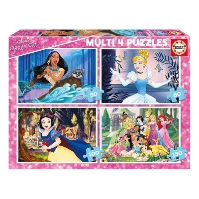 Embalagem rosa com quatro puzzles Disney Princess