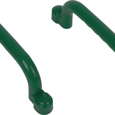 Duas pegas metálicas verdes brilhantes, curvas, com bases para fixação.