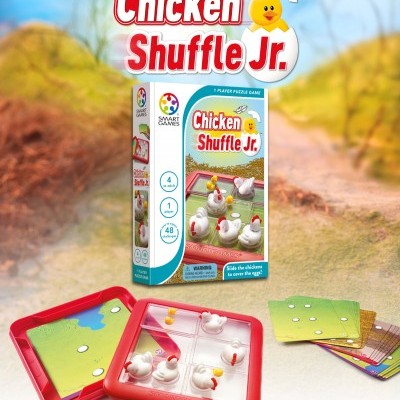 Jogo Chicken Shuffle Jr. com tabuleiro, peças de galinhas e cartas coloridas