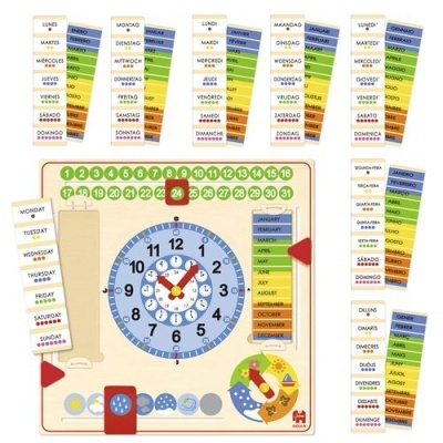 Quadro educativo em madeira com relógio, calendário multilíngue, signos do zodíaco e fases da lua