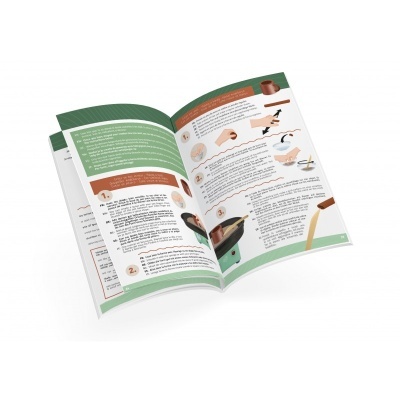 Livro aberto com instruções e ilustrações em páginas verdes e brancas