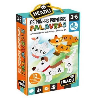 Embalagem de jogo educativo 'As Minhas Primeiras Palavras' da Headu para crianças dos 3 aos 6 anos com peças de animal em puzzle.