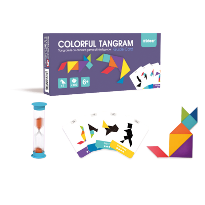 Jogo Colorful Tangram com caixa, ampulheta, cartas e peças coloridas