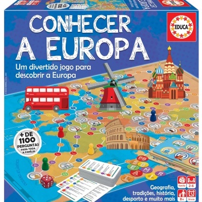 Jogo de tabuleiro Conhecer a Europa com tabuleiro e peças coloridas