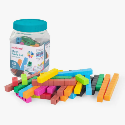 Conjunto de barras matemáticas coloridas Miniland em pote transparente com tampa azul