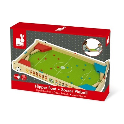 Fliper de futebol de madeira em embalagem vermelha com campo verde e peças coloridas