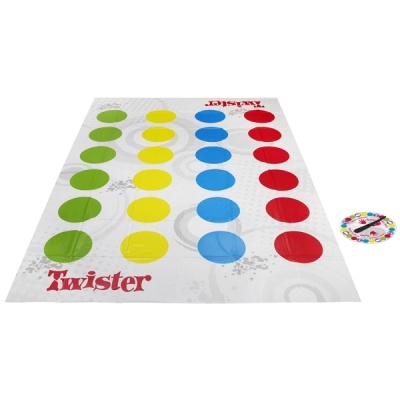 Jogo Twister com tapete colorido e roleta.