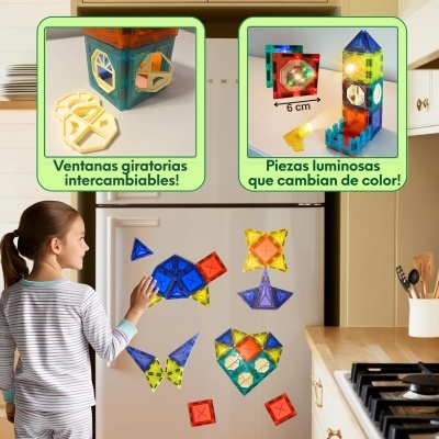 Peças magnéticas coloridas em formas geométricas numa cozinha, com uma criança a interagir.