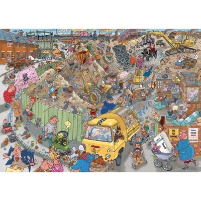 Ilustração detalhada de um canteiro de obras com máquinas, pessoas e animais em várias atividades.