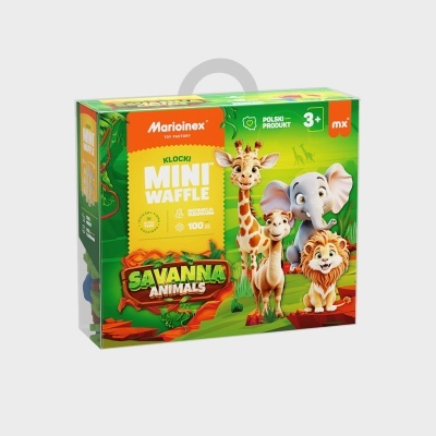 Embalagem verde com blocos Mini Waffle e animais da savana